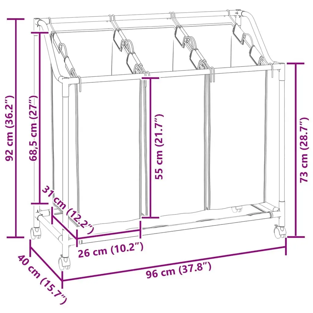 Laundry Sorter Steel Frame Black 3 Bags