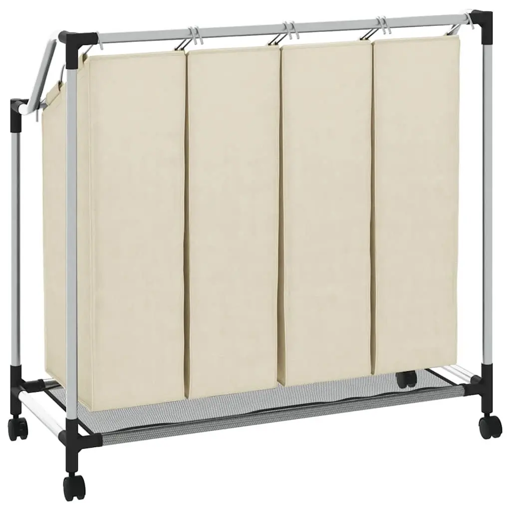 Laundry Sorter Steel Frame 4 Bags Cream Wheels Handles