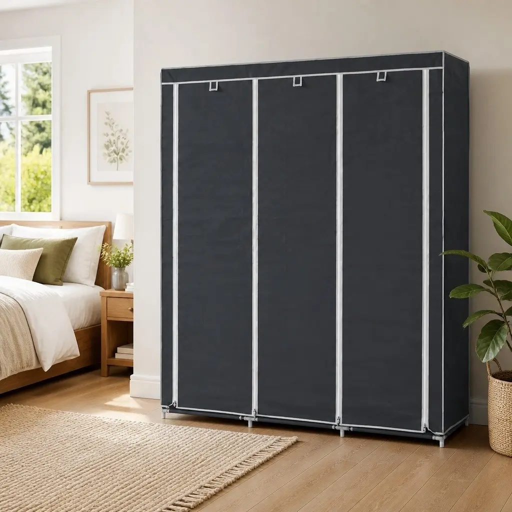 Black Portable Wardrobe with Compartmentalized Storage