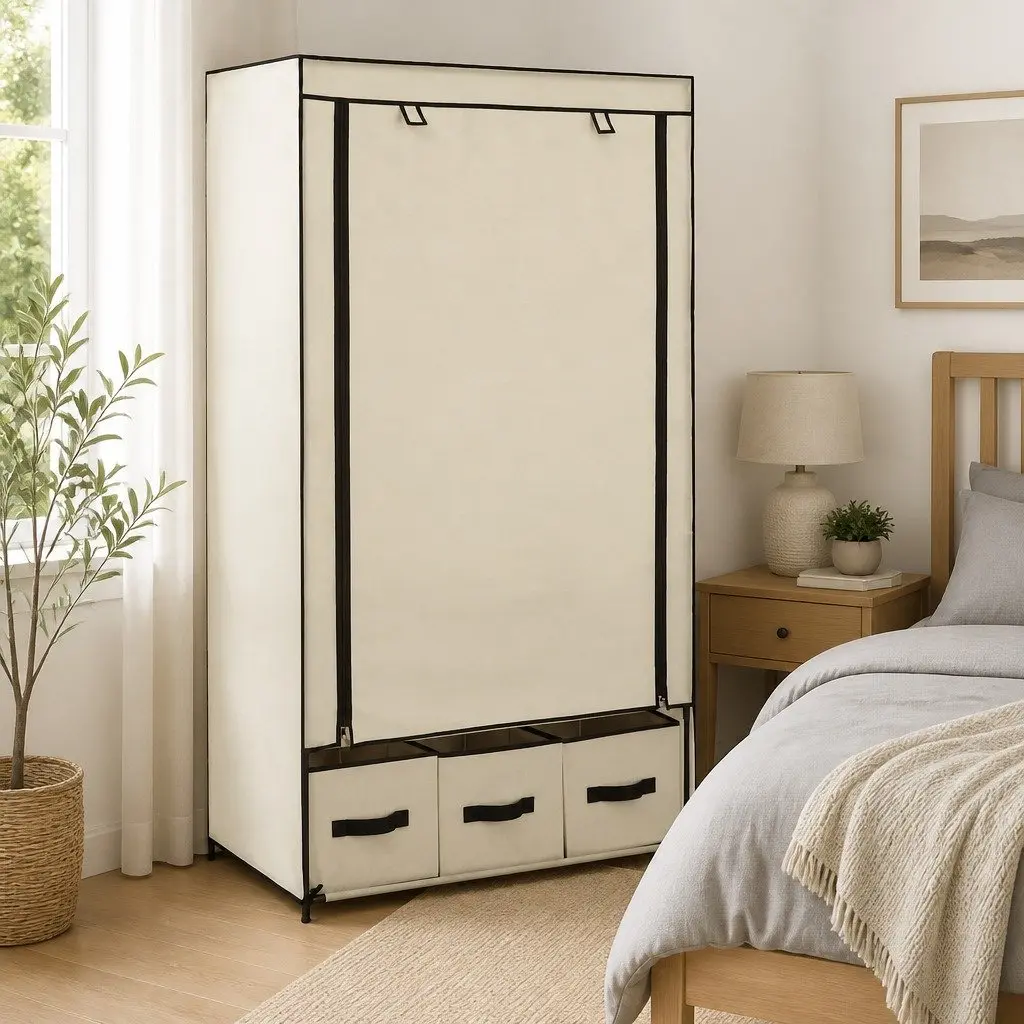Cream Portable Closet with Multiple Compartments