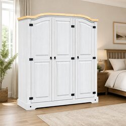 Elegant 3-Door White Wooden Wardrobe in Pine