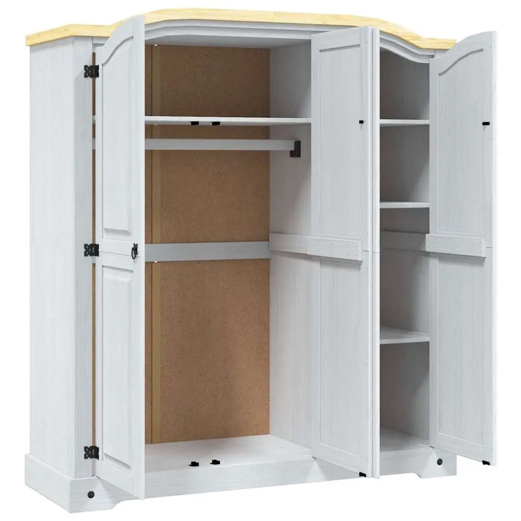 3-Door Wooden Wardrobe Solid Pinewood White Cabinet