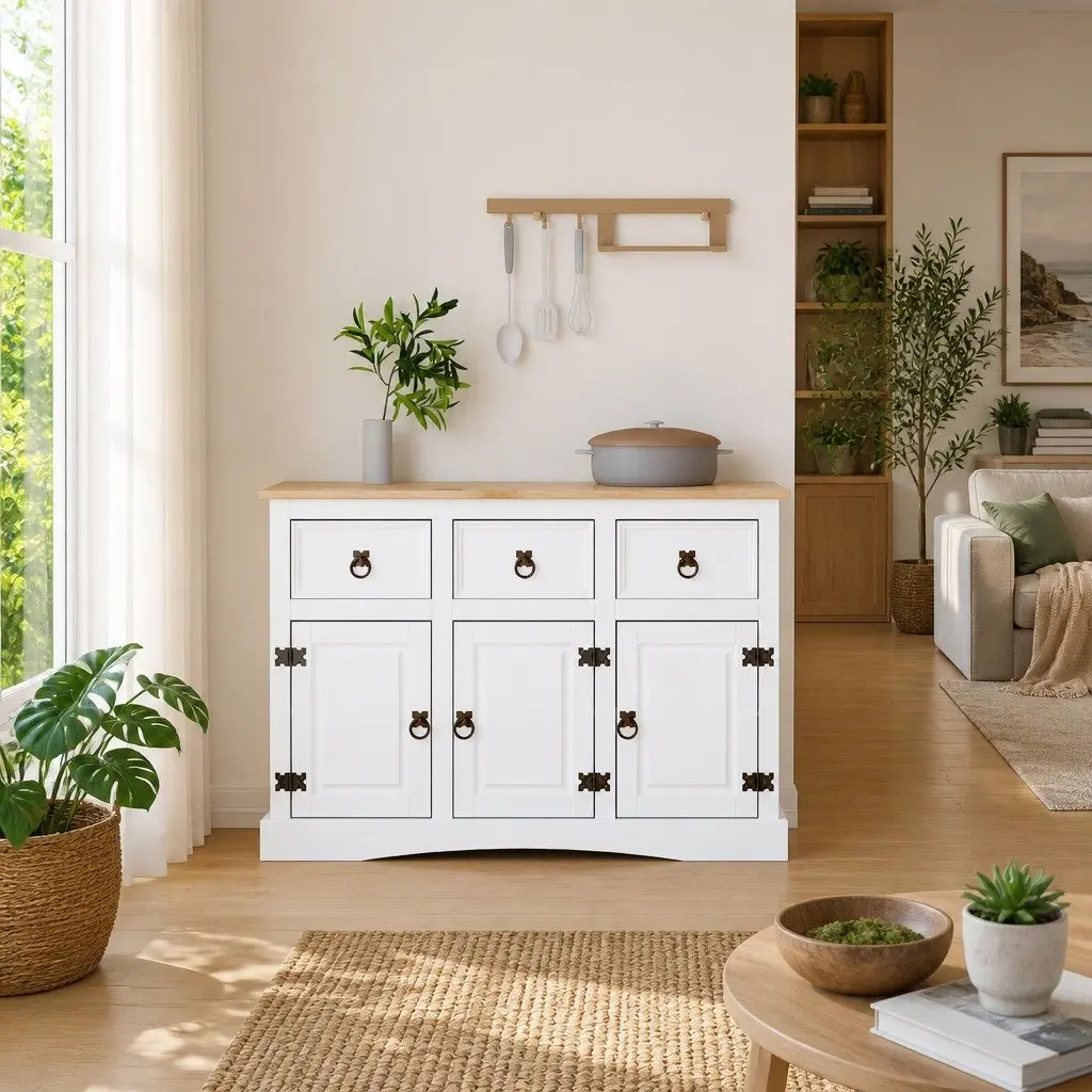 Sideboard Solid Pinewood White 3 Doors Drawers Compartments