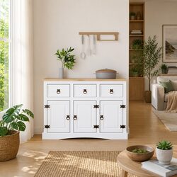 Sideboard White Solid Pinewood Storage Cabinet 3 Doors Drawers Compartments
