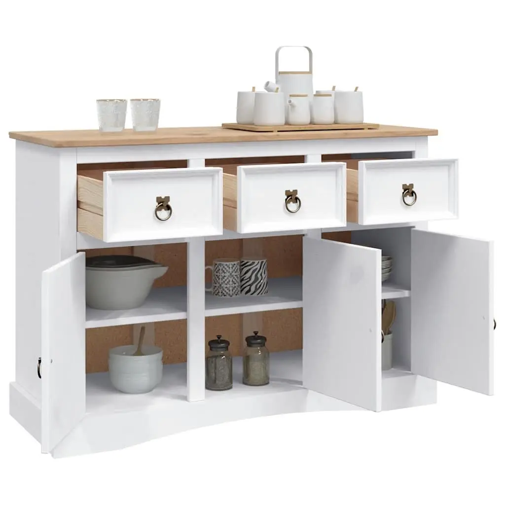 Sideboard Solid Pinewood White 3 Doors Drawers Compartments