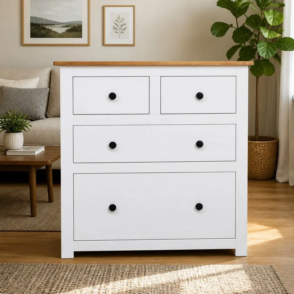 Rustic White Pine Wood Sideboard with 4 Drawers