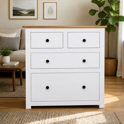 Rustic White Pine Wood Sideboard with 4 Drawers