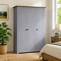 Durable Grey 3-Door Wardrobe with Shelves and Hanger Bar