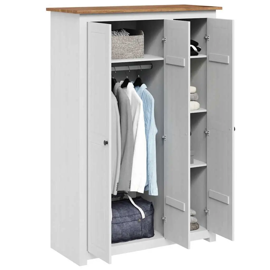 3-Door Wardrobe Solid Pinewood White 118 x 50 x 171.5 cm Storage Cabinet Cupboard Bedroom Furniture