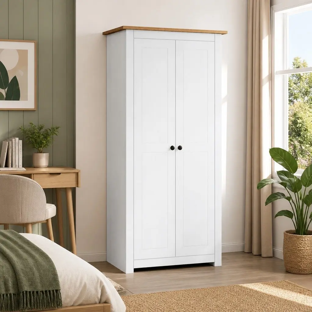 White Wardrobe Solid Pine Storage Cabinet Bedroom Cupboard Hanging Rod Shelf