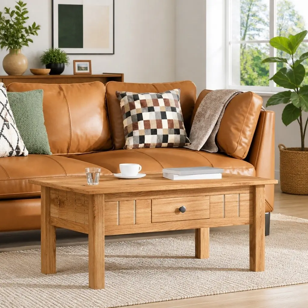 Solid Pine Wood Coffee Table with Storage Drawer