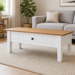 Coffee Table White Solid Pine Wood Drawer Storage Accent Living Room Furniture