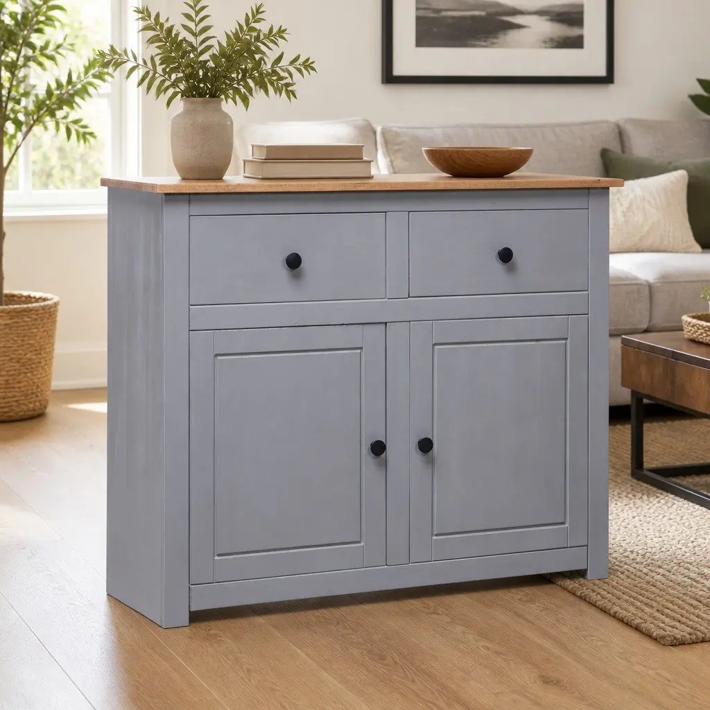Grey Solid Pinewood Sideboard with Drawers and Doors