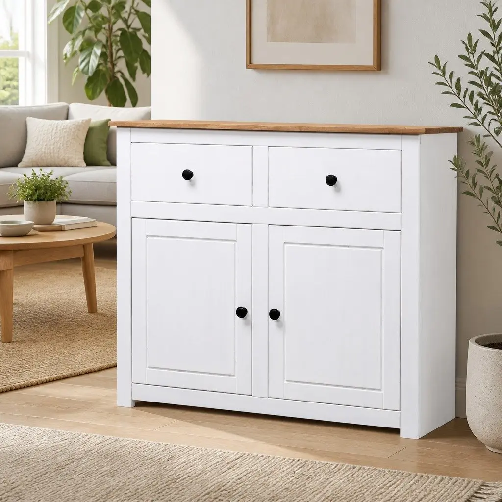 Sideboard Solid Pinewood White 93W x 40D x 80H cm 2 Drawers 2 Doors