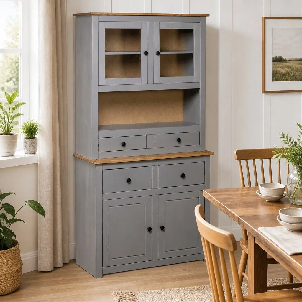 Highboard Storage Cabinet in Grey Solid Pine Wood
