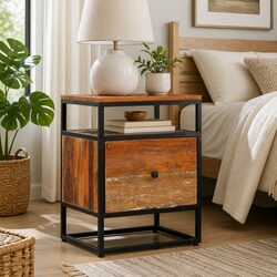 Sturdy Bedside Cabinet with Reclaimed Wood and Steel Frame