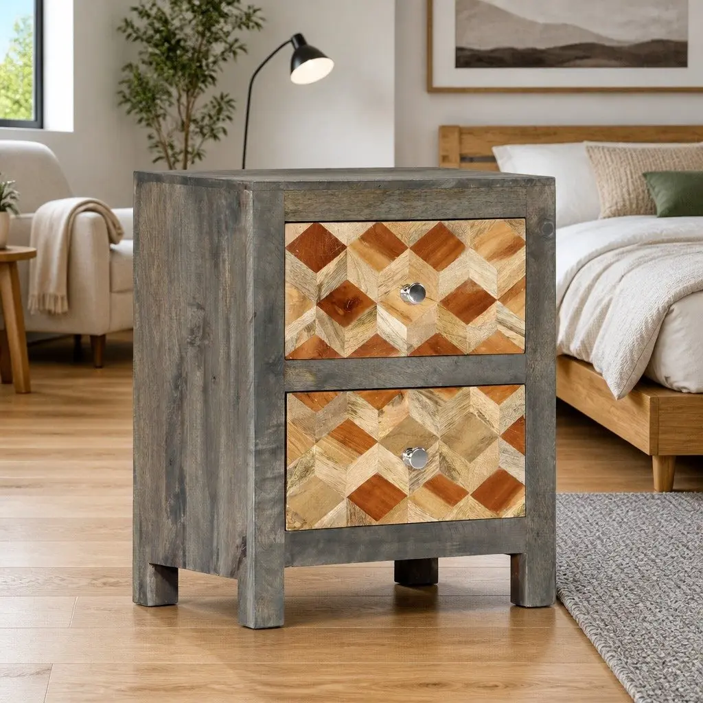 Grey Bedside Cabinet with Solid Mango Wood