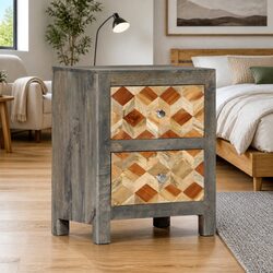 Bedside Cabinet Grey 40x30x50 cm Solid Mango Wood Nightstand with 2 Drawers