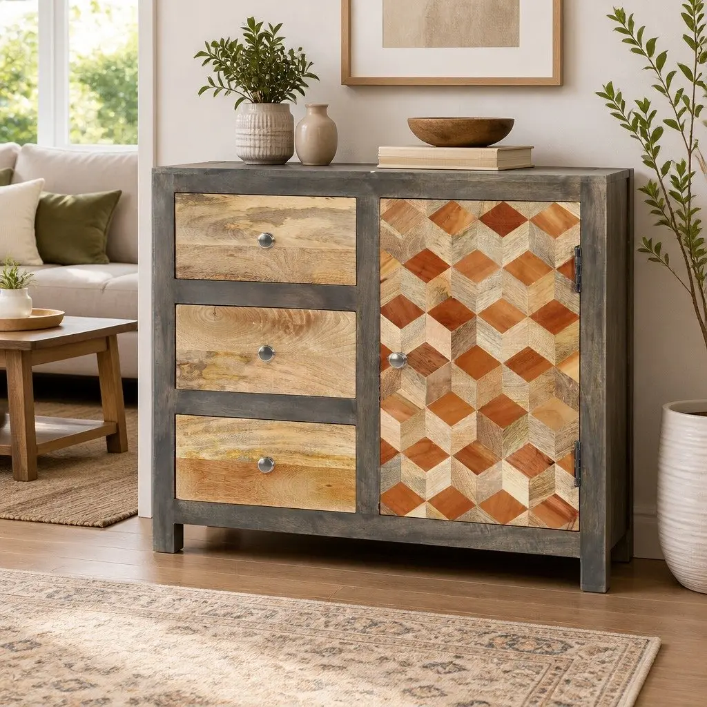Mid-Century Solid Mango Wood Side Cabinet with Drawers