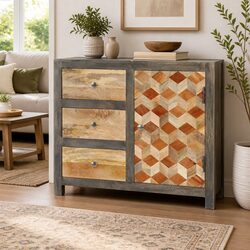 Mid-Century Solid Mango Wood Side Cabinet with Drawers