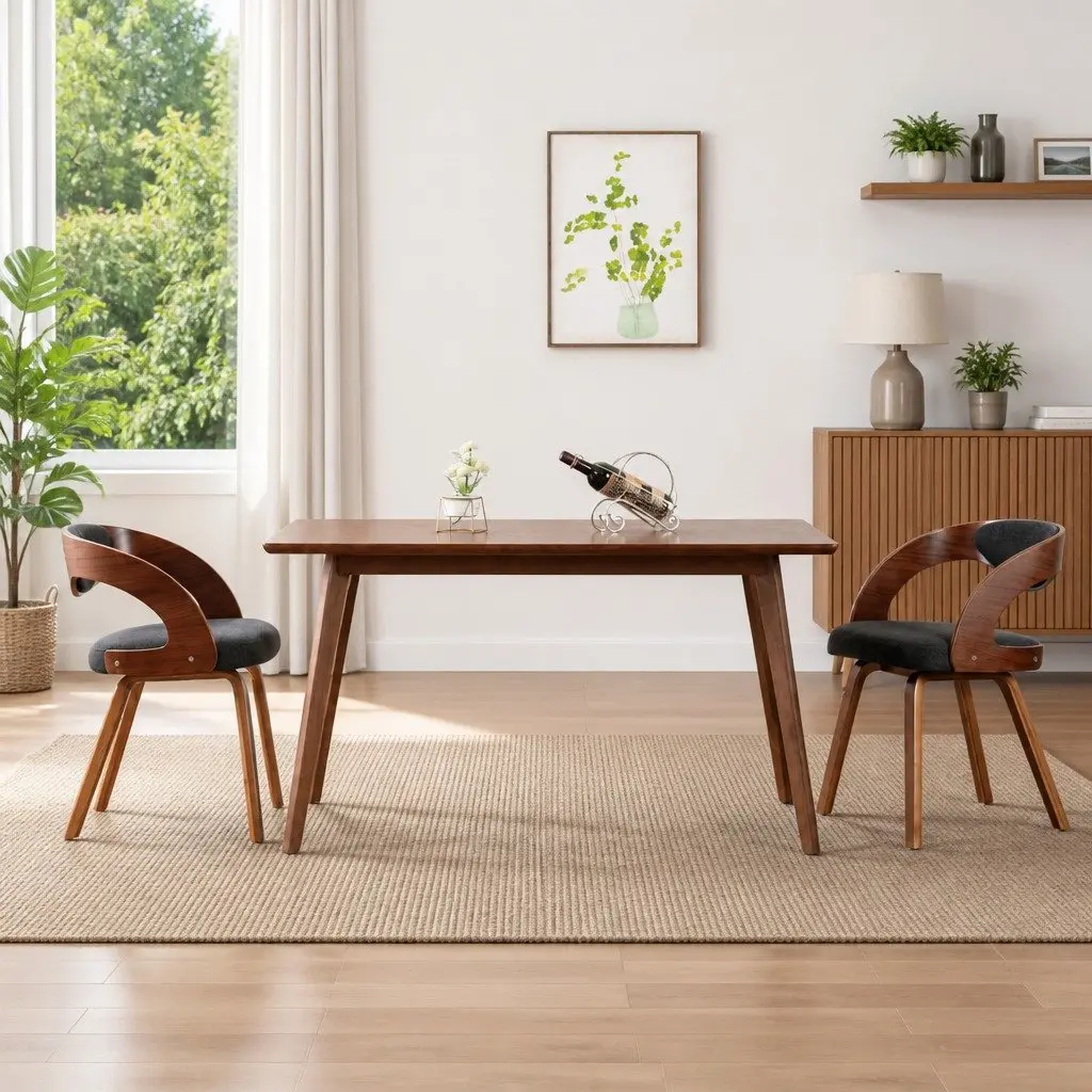 Dining Chairs Fabric Upholstered Grey Bent Wood Frame 2 Piece