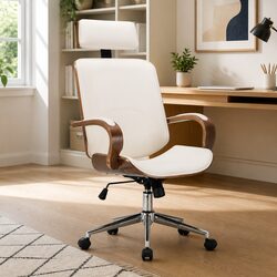Cream Faux Leather Swivel Office Chair with Headrest