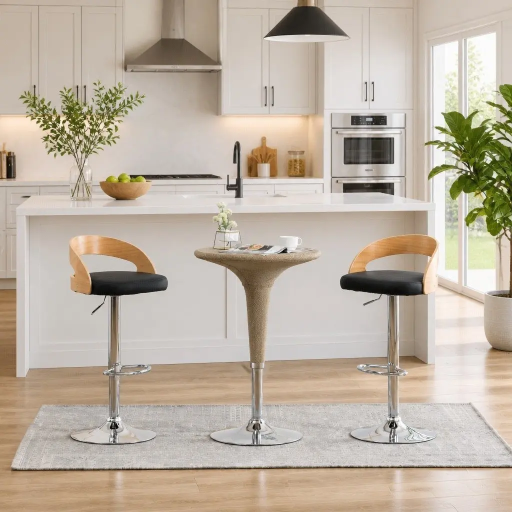 Bar Stools Faux Leather Height Adjustable Black 2 Piece Bentwood Frame