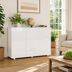 White High Gloss Sideboard Storage Cabinet with Drawers and Doors Living Room