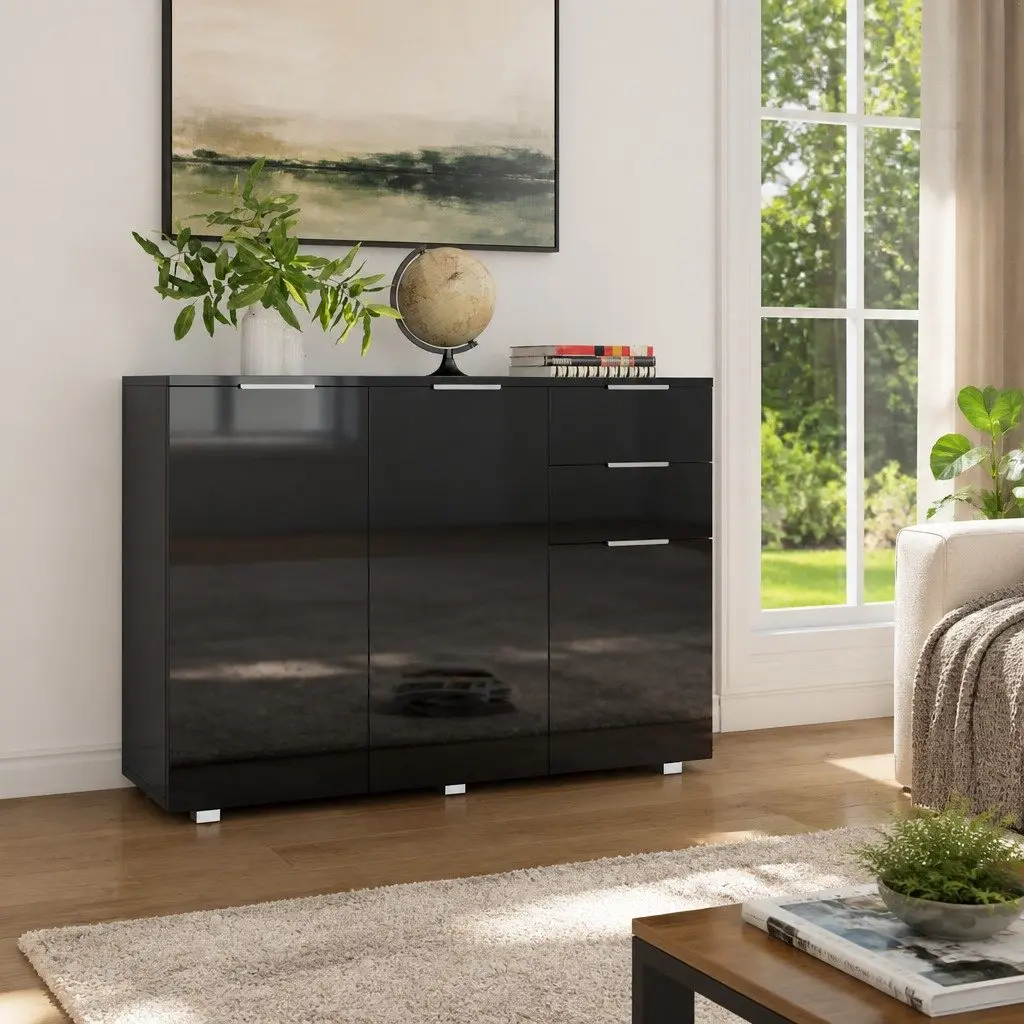 Sideboard Engineered Wood 107x35x80.5cm High Gloss Black Storage Cabinet