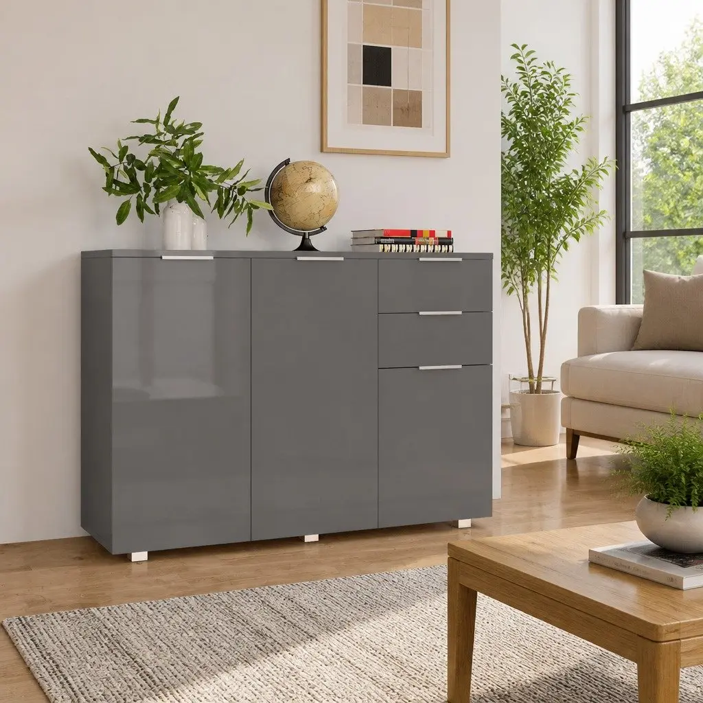 High Gloss Grey Storage Sideboard with Drawers