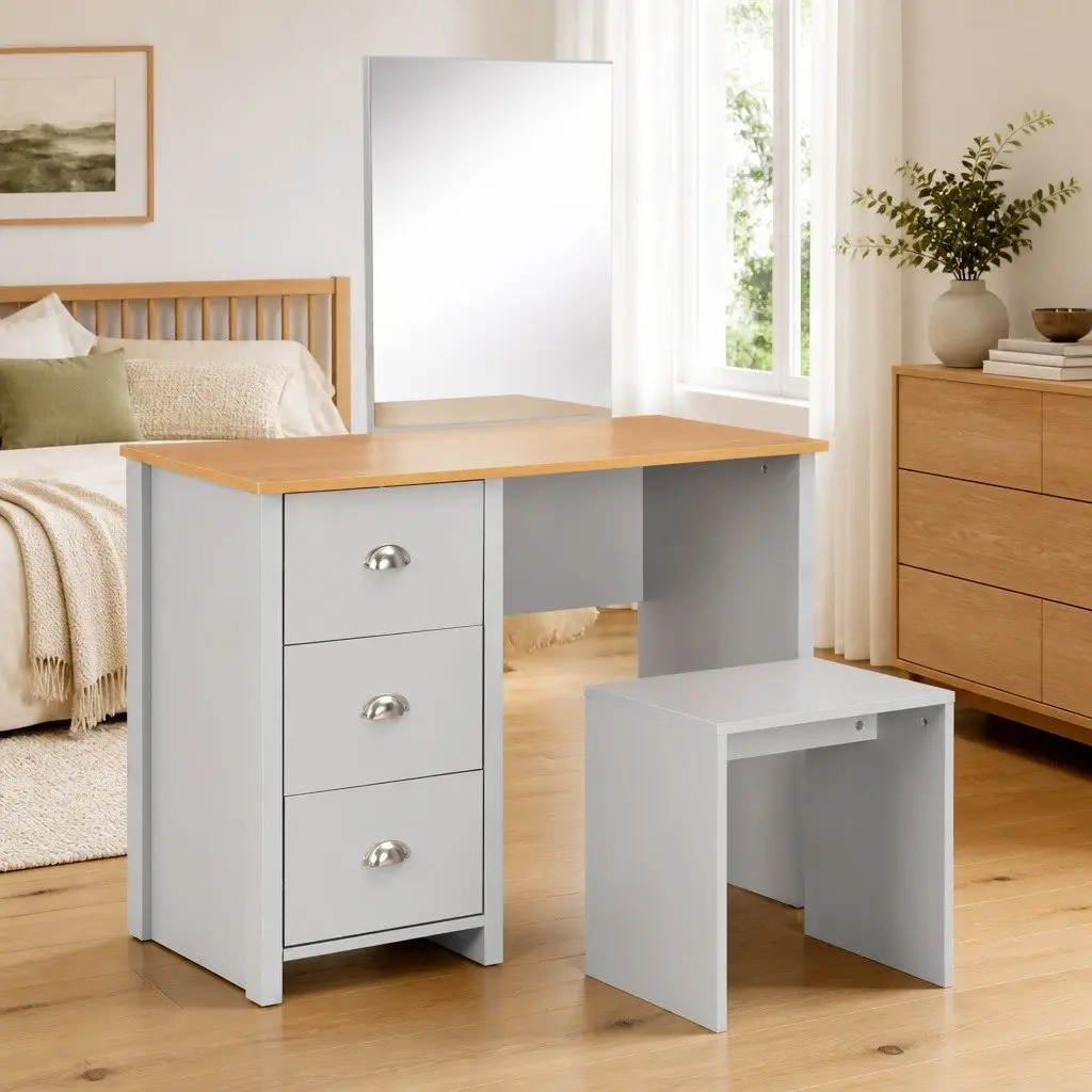 Grey Vanity Makeup Storage with Mirror and Stool