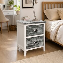 Bedside Table Grey White 2 Drawer Nightstand Storage Cabinet Paulownia