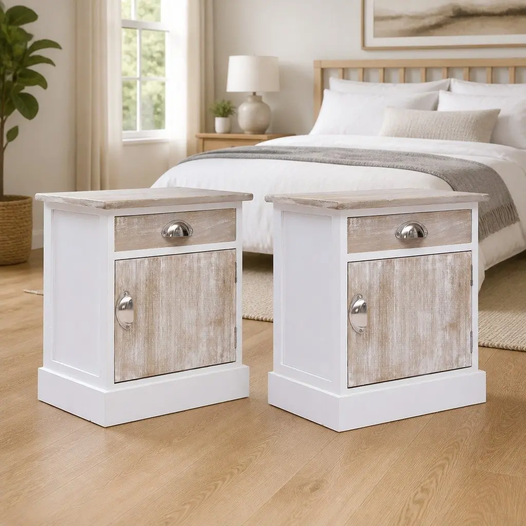 White Paulownia Wood Nightstand Set of 2