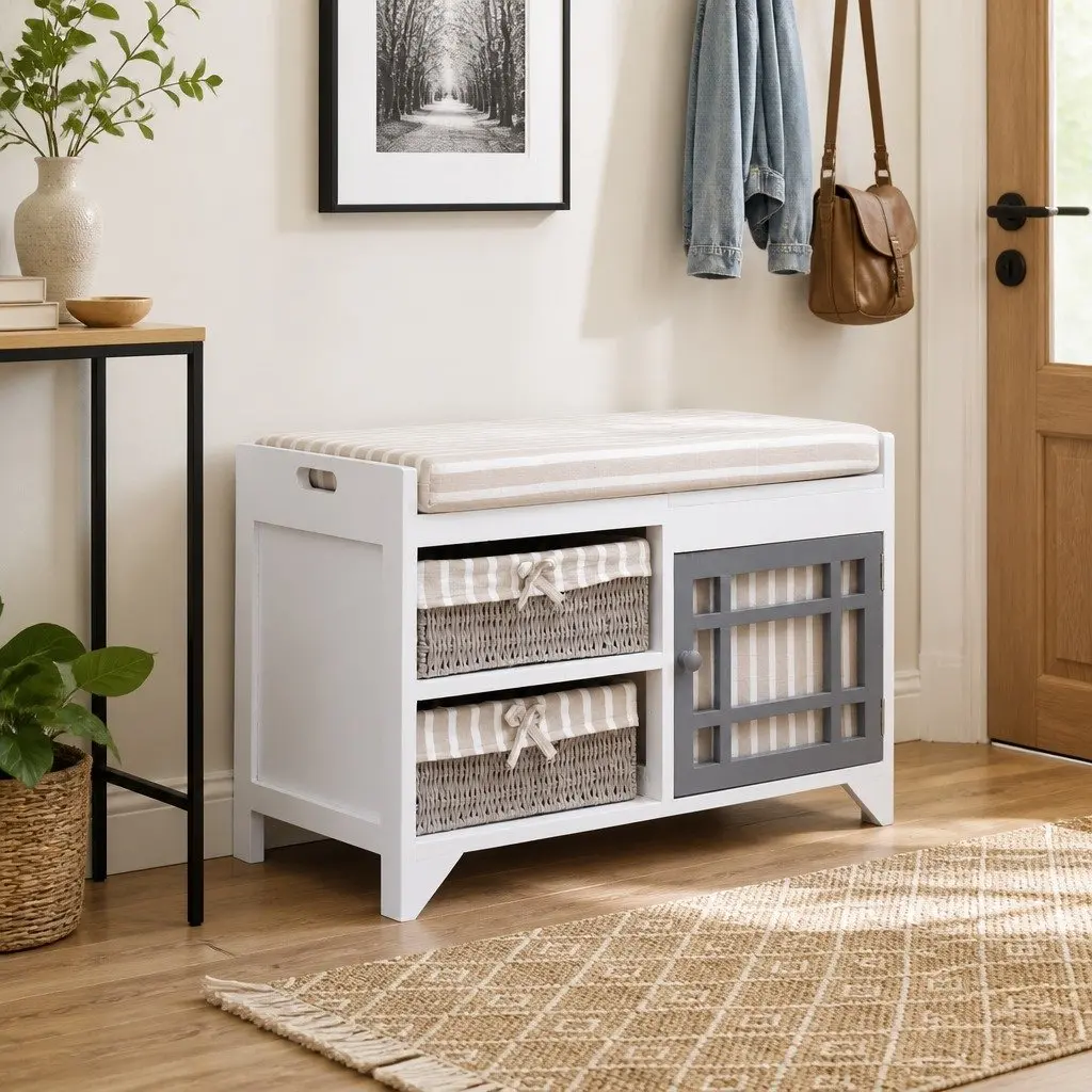 White Paulownia Wood Hall Bench with Cushion and Drawers