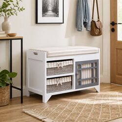 Hall Bench Storage Entryway Seat White Paulownia Wood Cushion Drawers Door
