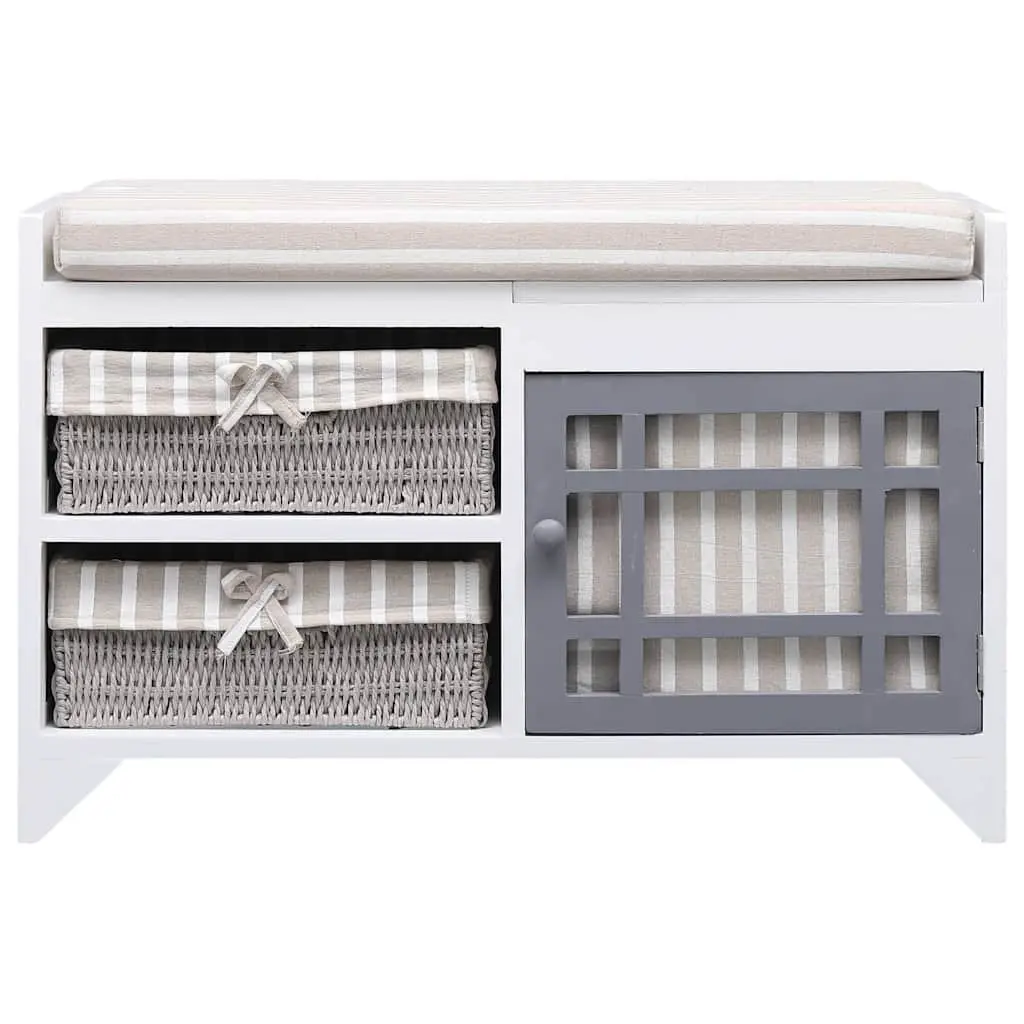 White Paulownia Wood Hall Bench with Cushion and Drawers