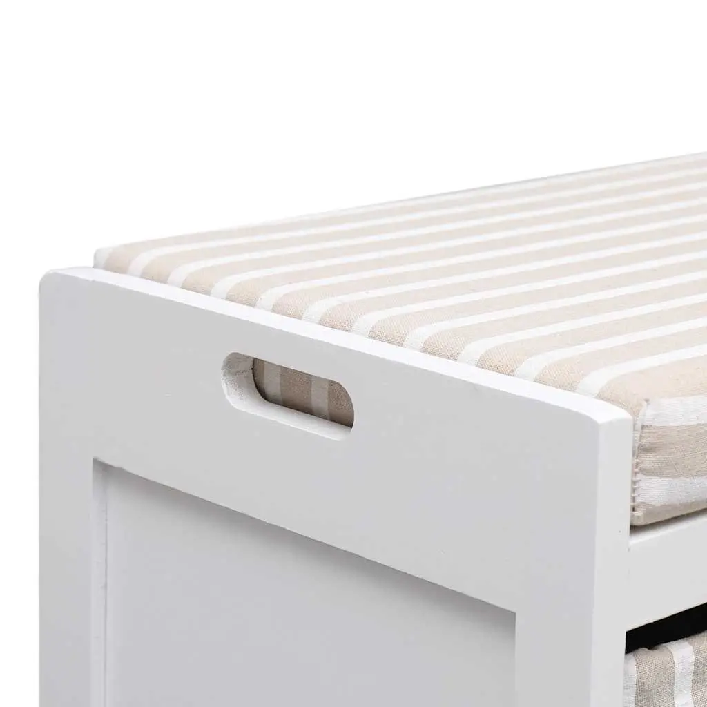 White Paulownia Wood Hall Bench with Cushion and Drawers