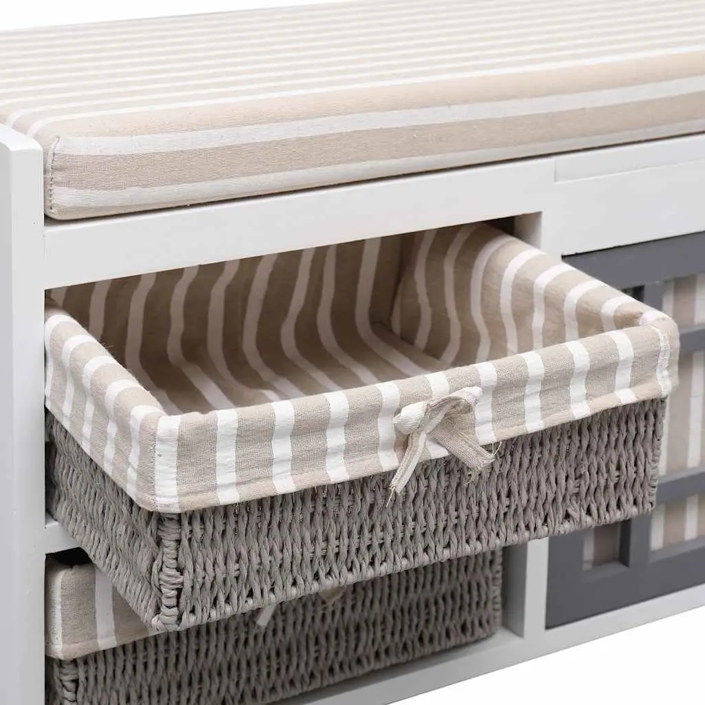 White Paulownia Wood Hall Bench with Cushion and Drawers