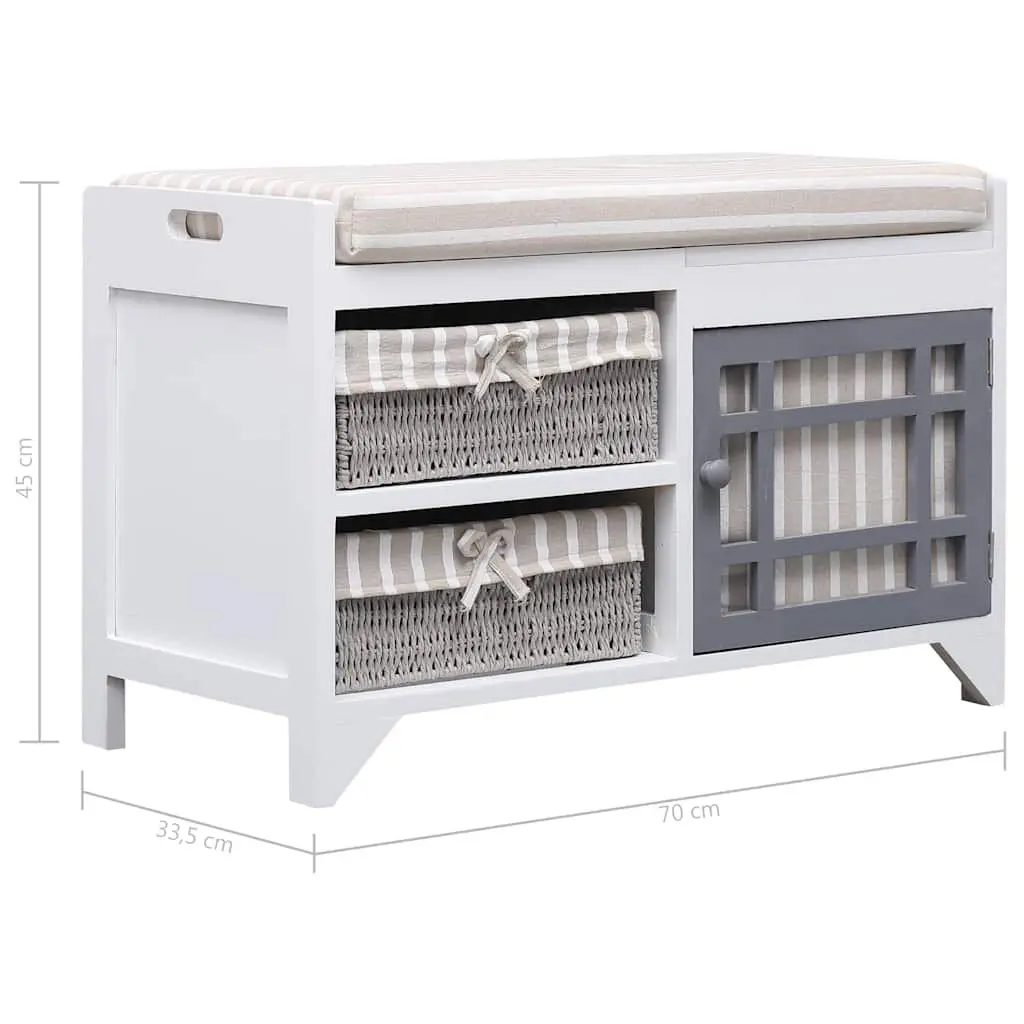 White Paulownia Wood Hall Bench with Cushion and Drawers