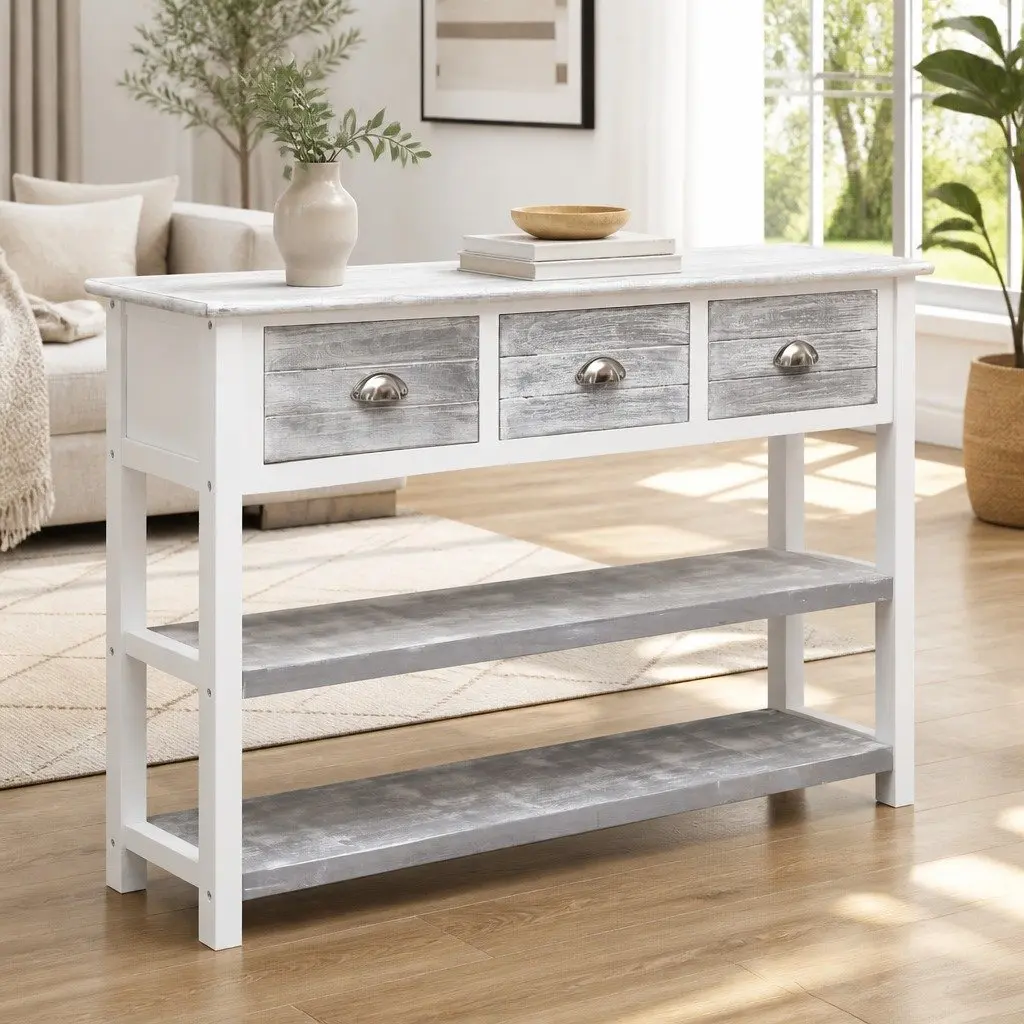 Wooden Sideboard Poplar Wood Paulownia Wood 115 cm Grey 3 Drawers 2 Shelves Console Table