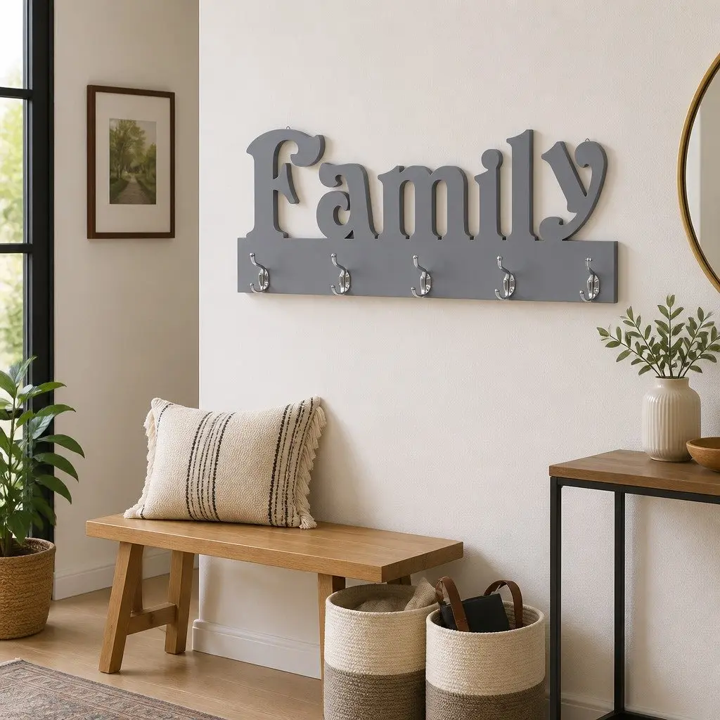 Wall Mounted Coat Rack Grey Family Cutout Design 5 Hooks Home Entryway Organizer