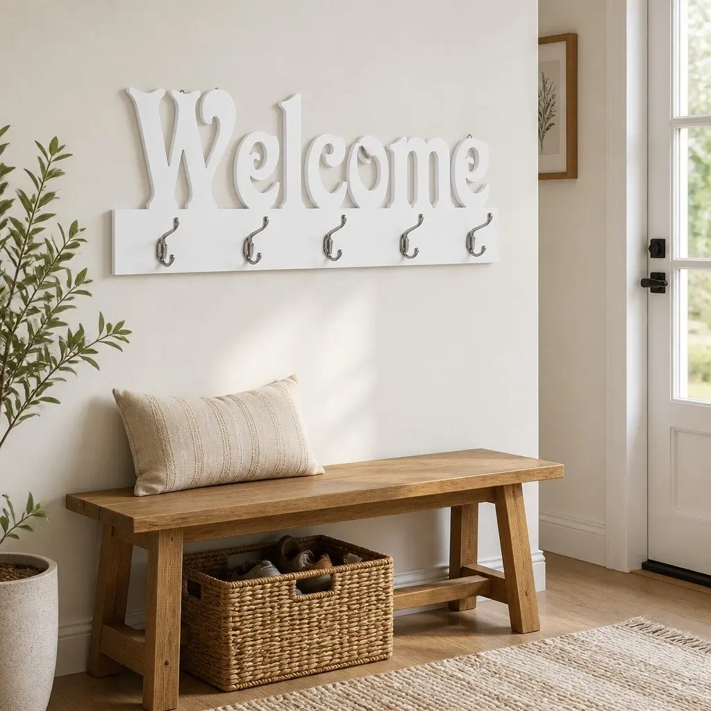 Wall Mounted Coat Rack MDF 74 x 29.5 cm White with Welcome Lettering and 5 Copper Hooks
