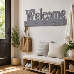 Wall Mounted Coat Rack with Welcome Lettering Grey Hanging Storage 5 Hooks