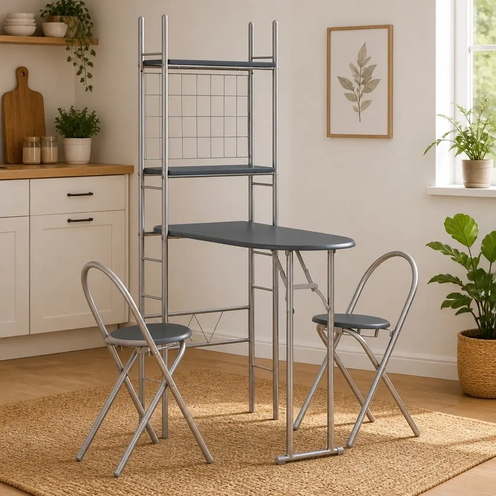 3 Piece Black Folding Dining Set with Rack