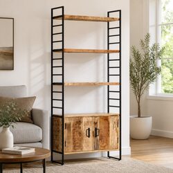 Sturdy 4-Tier Bookcase with Rough Mango Wood