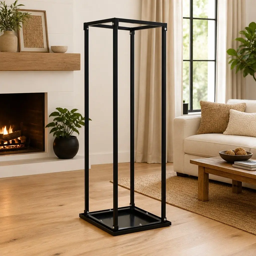 Black Steel Firewood Rack with Base for Log Storage