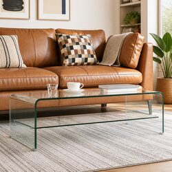 Tempered Glass Coffee Table with Integrated Shelf