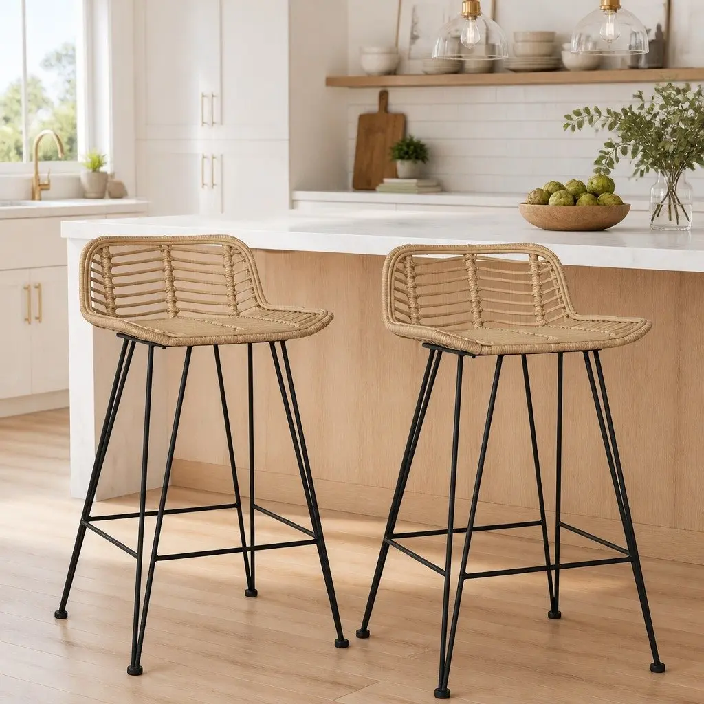 Bar Stools Rattan Brown 2 pcs Counter Chairs Rustic