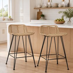 Bar Stools 2 pcs Natural Rattan Seating Backrest Brown Counter Chairs Rustic