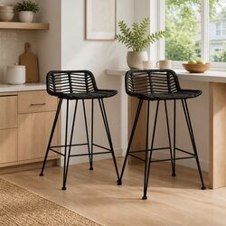 Stylish Black Rattan Bar Stools - Set of 2